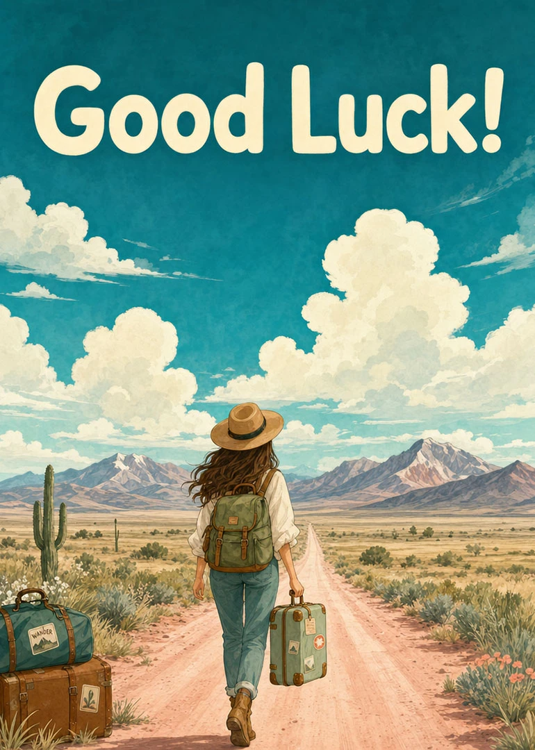 Woman walking a desert road with luggage under clouds and mountains, Good Luck text above.