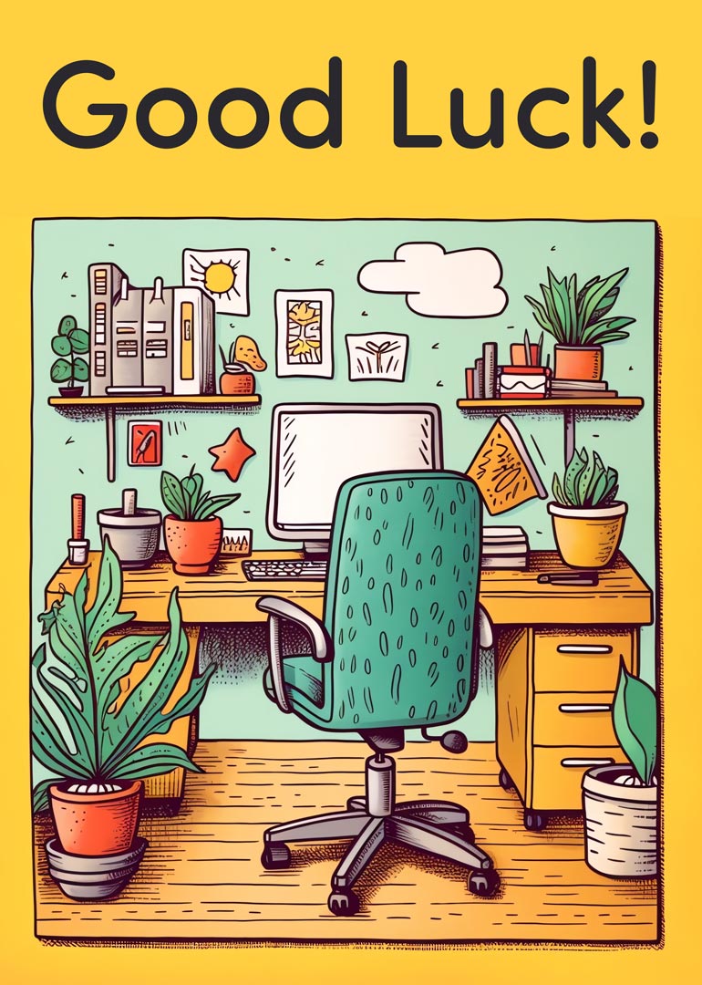 Illustration of office desk with chair, plants, computer, and good luck text