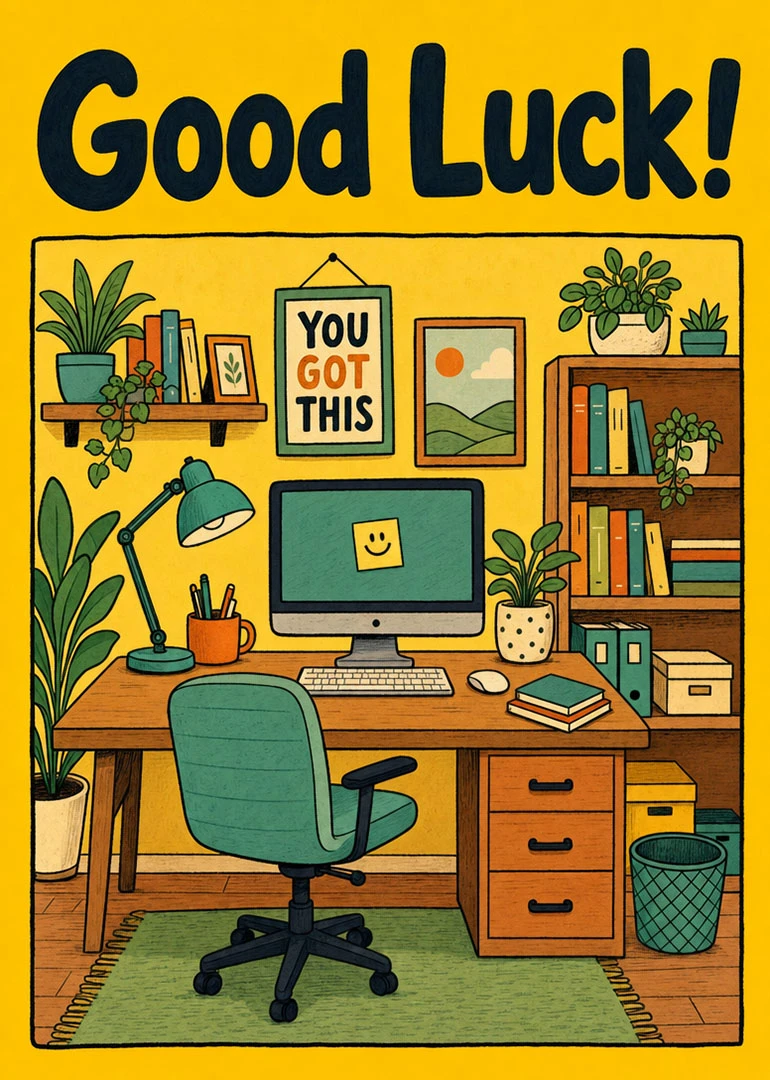 Illustrated home office scene with plants, desk, computer, and You Got This encouragement card design.
