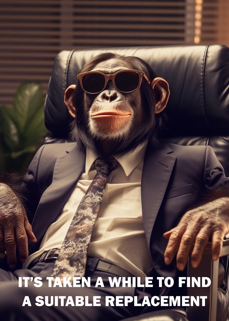 Chimpanzee in suit and sunglasses with funny leaving message