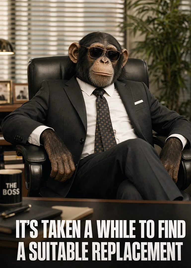 A chimpanzee boss in a suit says it's taken a while to find a replacement.