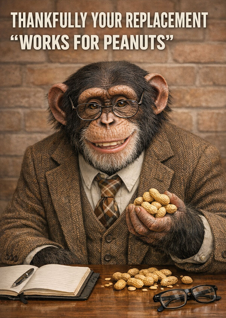 Monkey wearing glasses and suit sitting at desk with notebook and glasses