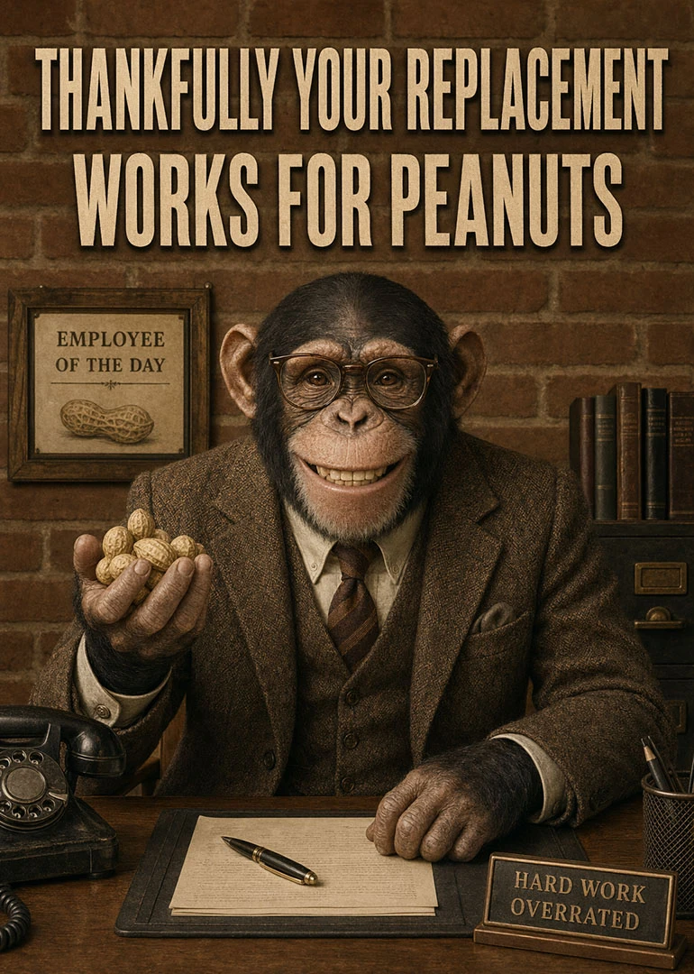 Chimpanzee in a brown suit sits at desk with peanuts and humorous workplace wording displayed.