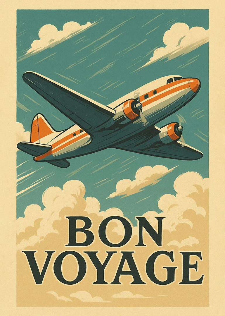Vintage airplane flies through clouds above bold Bon Voyage text in retro travel poster style.