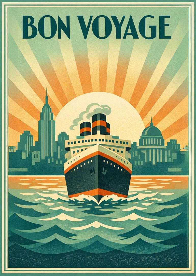 Vintage bon voyage card with cruise ship, skyline, sunburst rays, and ocean waves in teal.