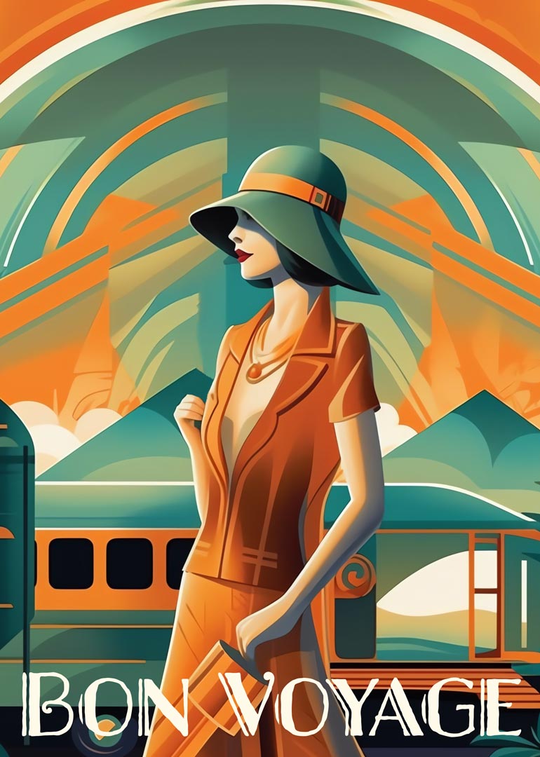 Stylish woman in vintage outfit with hat and suitcase, bon voyage text