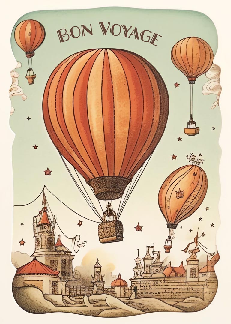 Vintage style hot air balloons flying over old town with bon voyage text