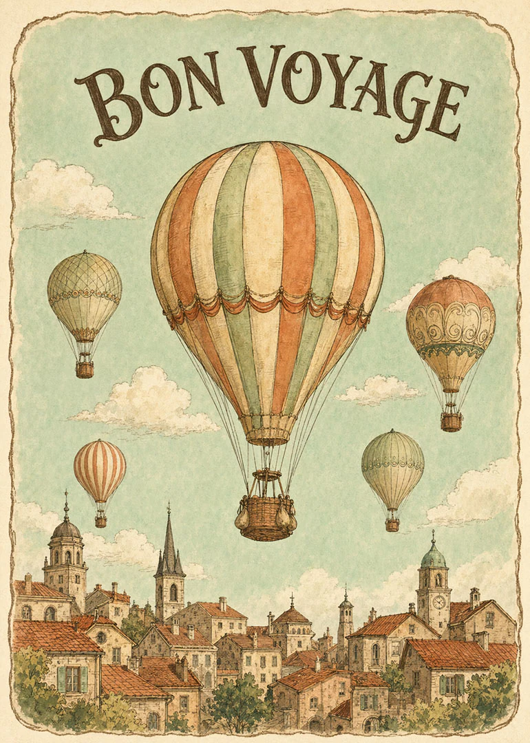 Vintage bon voyage card with hot air balloons floating above a quaint town and clouds.