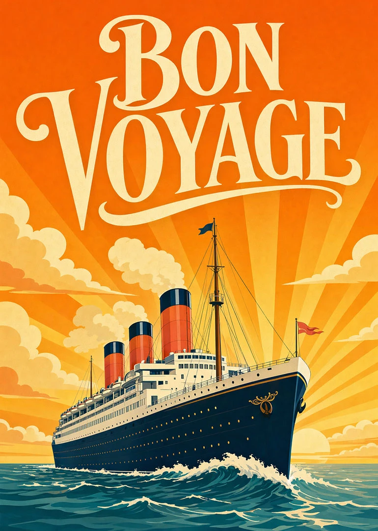 Vintage bon voyage card with cruise ship, orange sunrise sky, and bold ocean poster style.