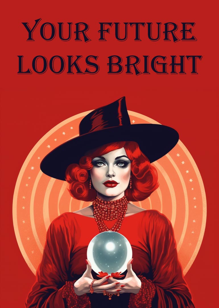 Fortune teller woman with red hair holding glowing crystal ball on red background