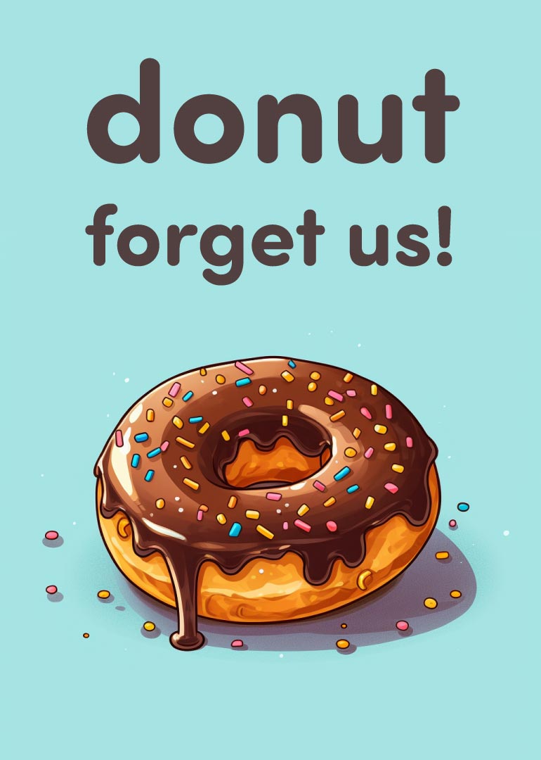 Chocolate frosted donut with colorful sprinkles and playful text on blue background