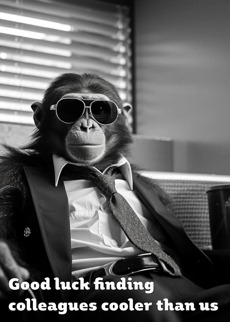 Chimpanzee in sunglasses and suit sits in black and white with funny colleague joke text.