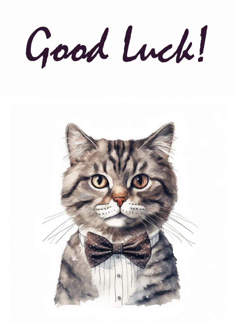 Watercolor painting of a cat wearing a bow tie with good luck text