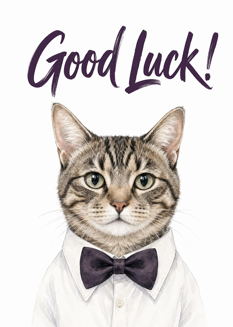 Watercolor tabby cat wearing a shirt and bow tie with Good Luck text above it.