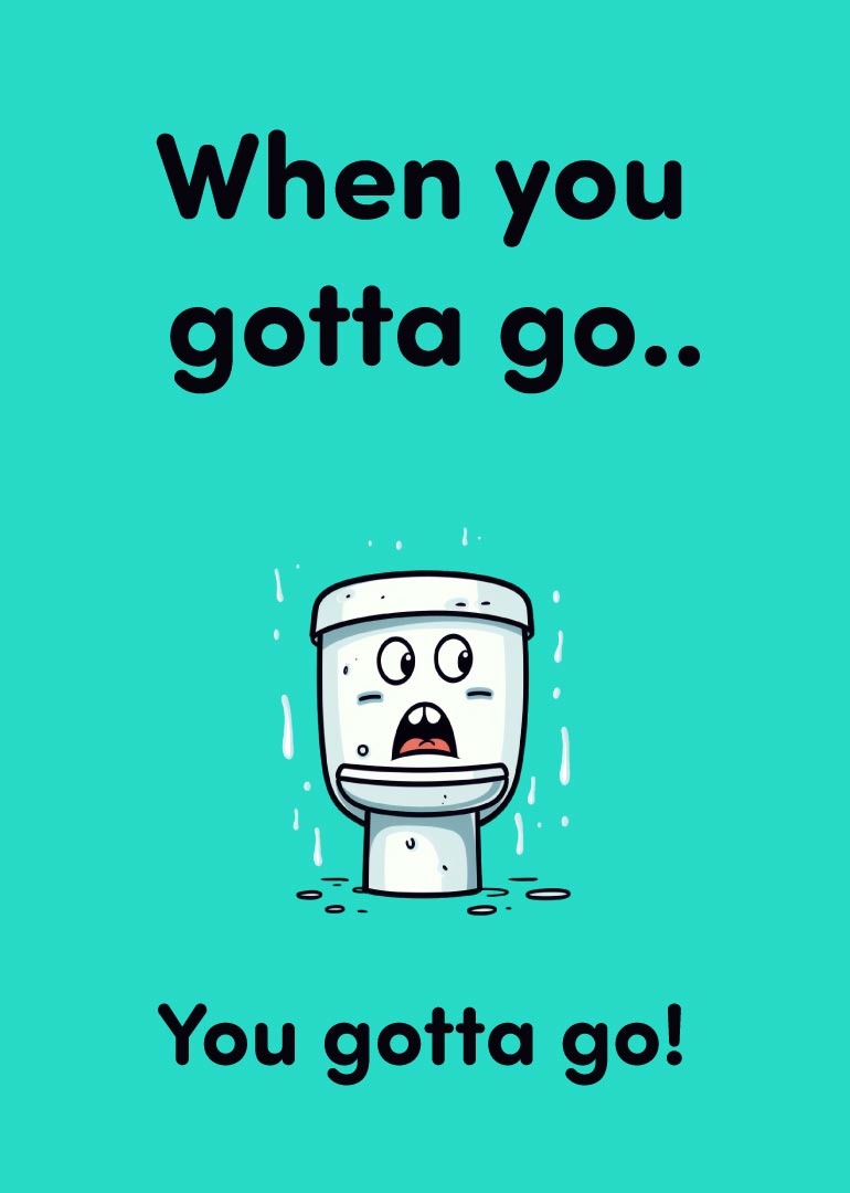 Cartoon toilet with surprised face and humorous text on turquoise background
