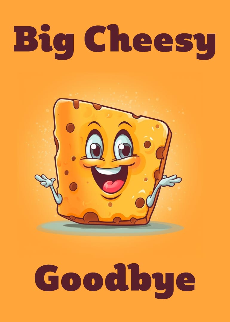 Smiling cartoon cheese wedge on orange background with Big Cheesy Goodbye text in bold letters.