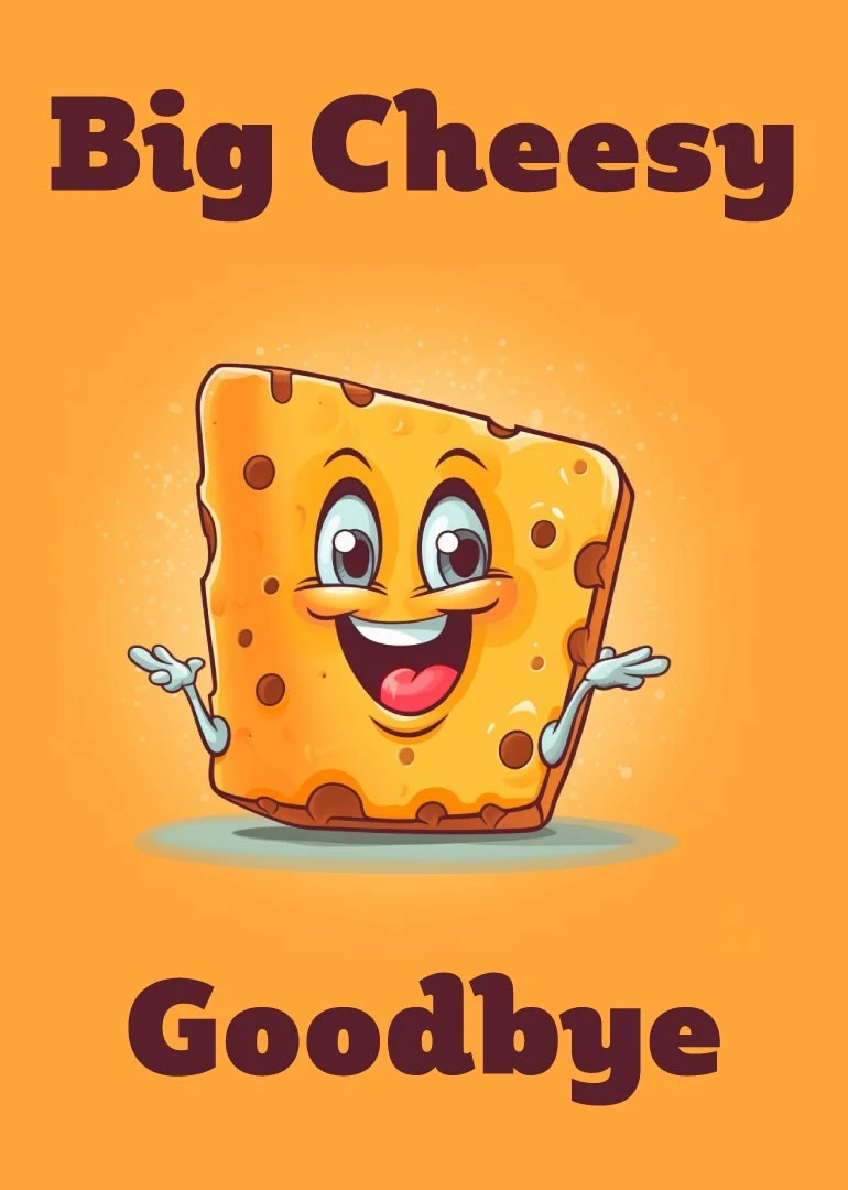 Smiling cartoon cheese wedge on orange background with Big Cheesy Goodbye text in bold letters.