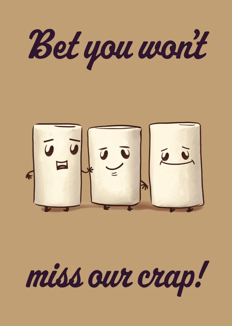 Three marshmallow characters stand together beneath cheeky farewell text on a beige background design.