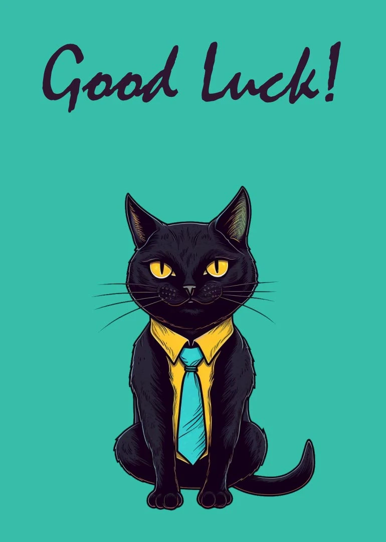 A black cat in a shirt and tie sits under Good Luck on teal background.