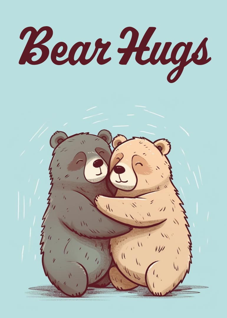 Two cute bears hugging with bear hugs text on light blue background