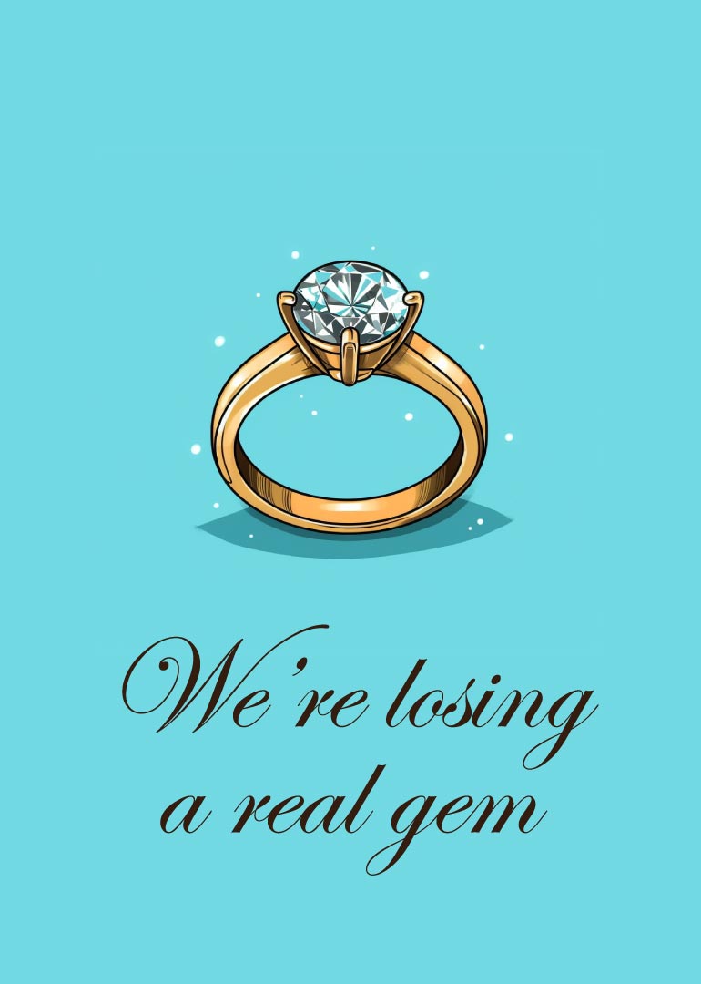 Gold diamond ring illustration with losing a real gem text on blue background