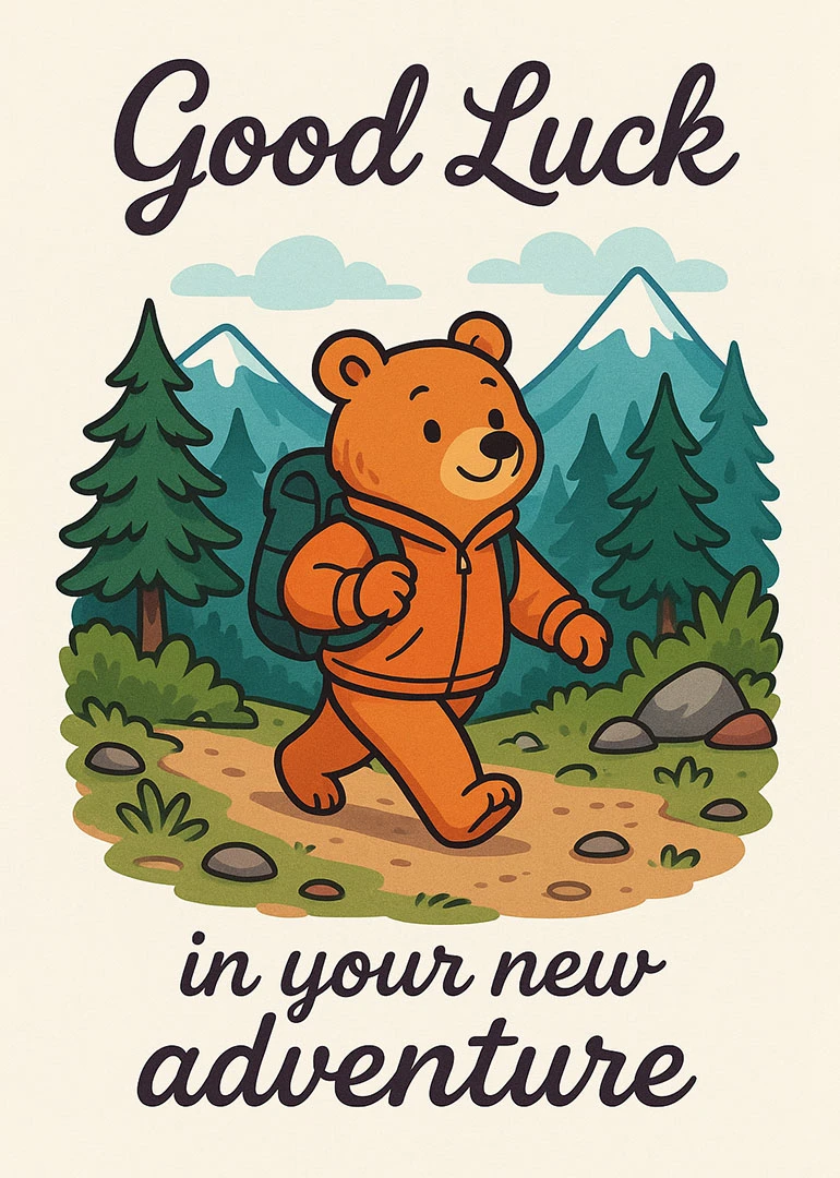 Orange bear with backpack hiking through mountains with good luck message.