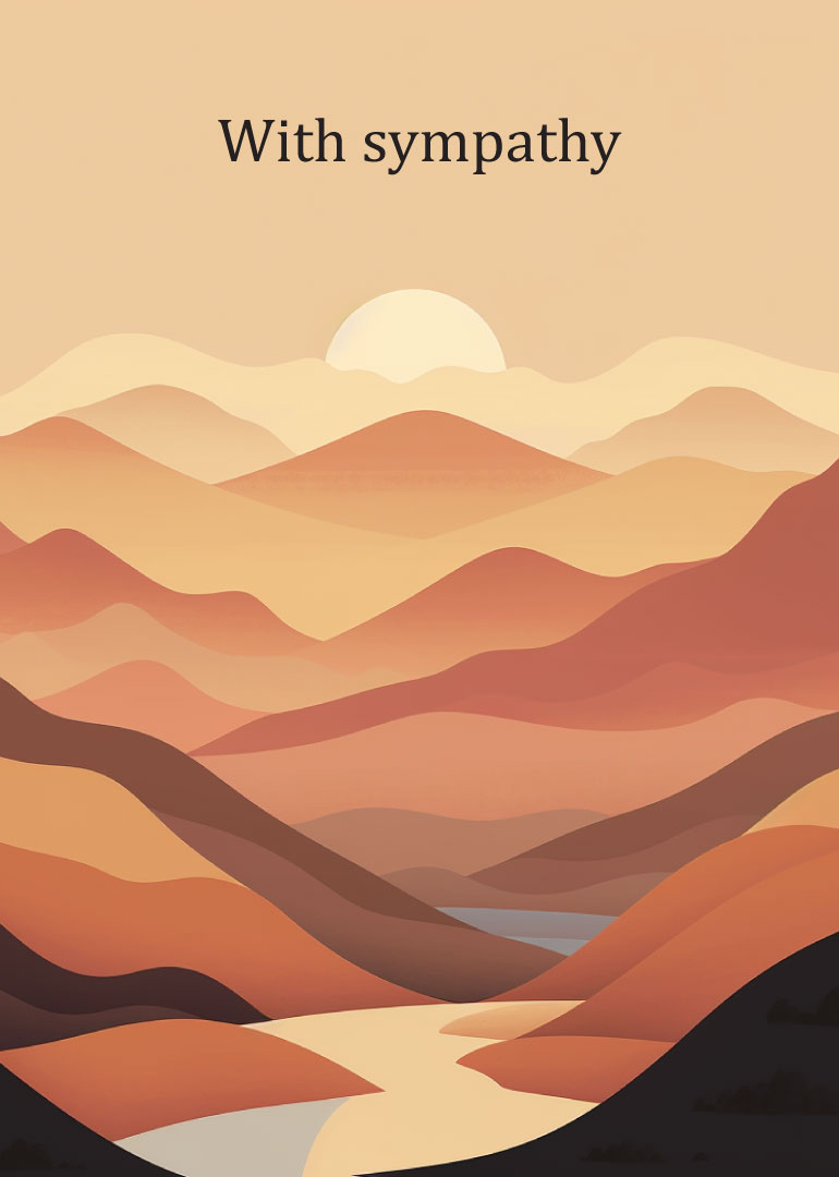 Sympathy card with layered mountain sunset scene and the words With sympathy on calm background.