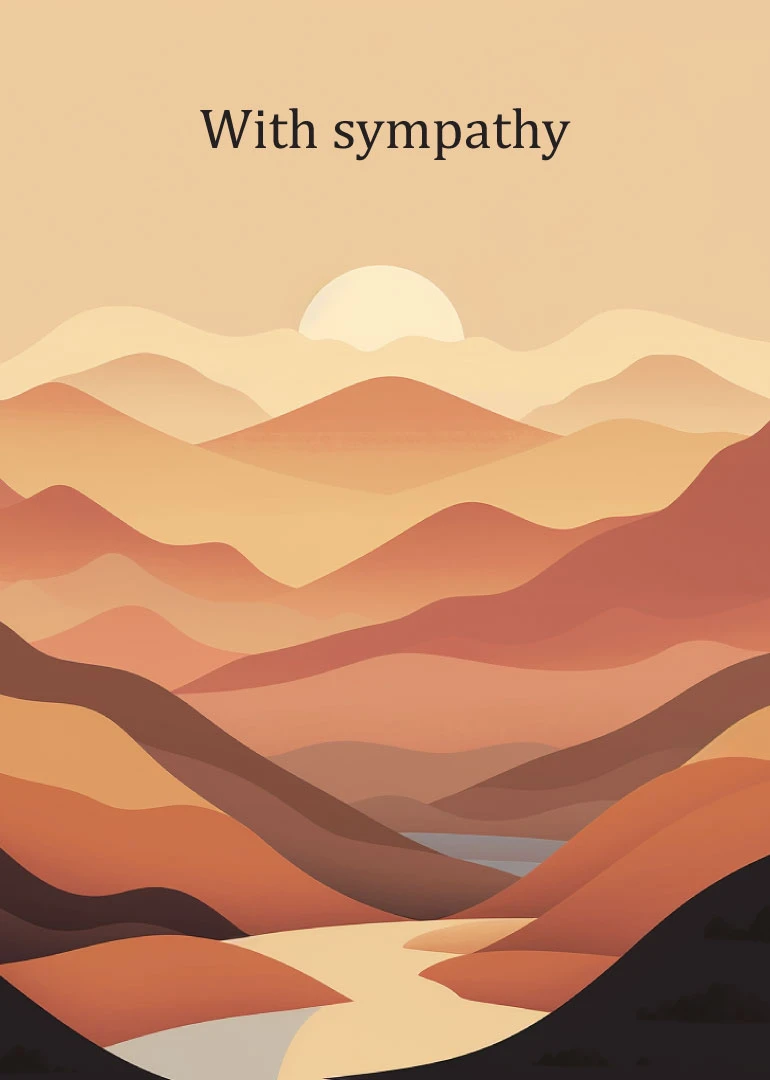 Sympathy card with layered mountain sunset scene and the words With sympathy on calm background.
