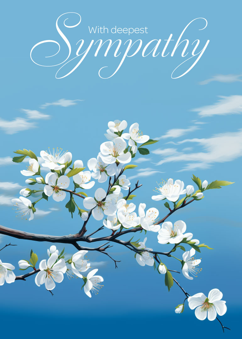 White blossom branch against a calm blue sky with sympathy message