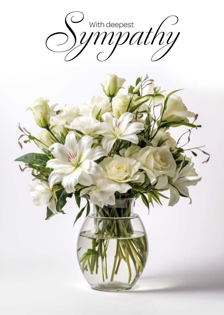 Sympathy card with white flowers in a glass vase and elegant text