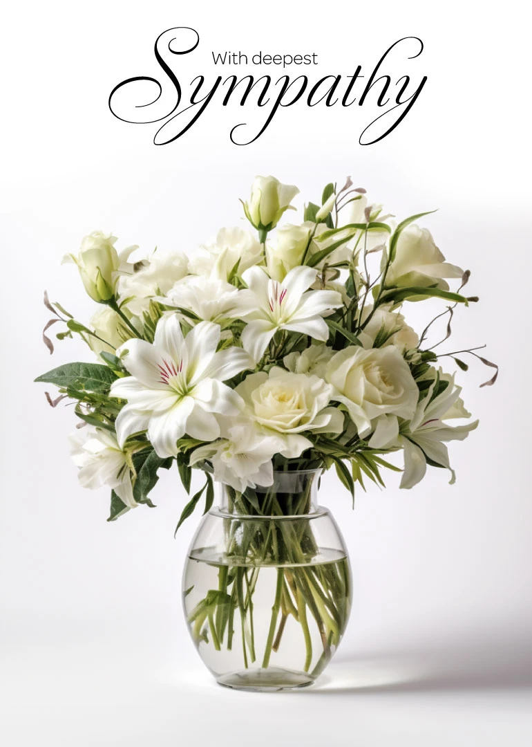 White sympathy bouquet in a glass vase with elegant script reading With deepest Sympathy above.