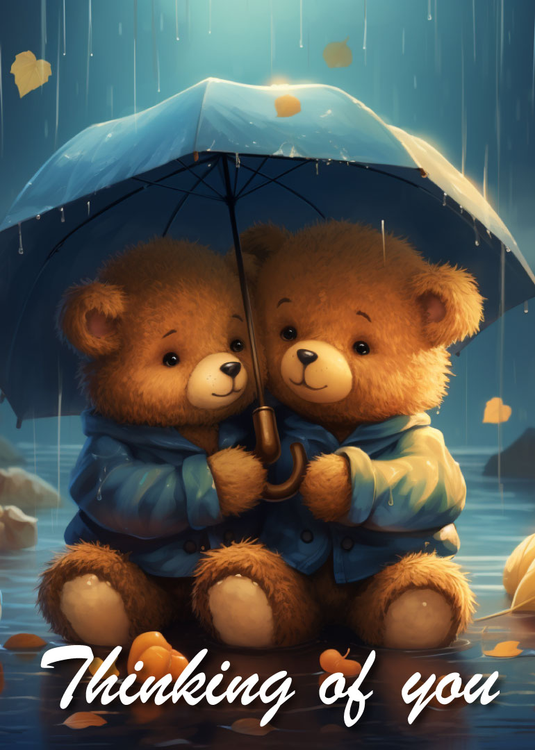 Two teddy bears in raincoats sharing umbrella with thinking of you text