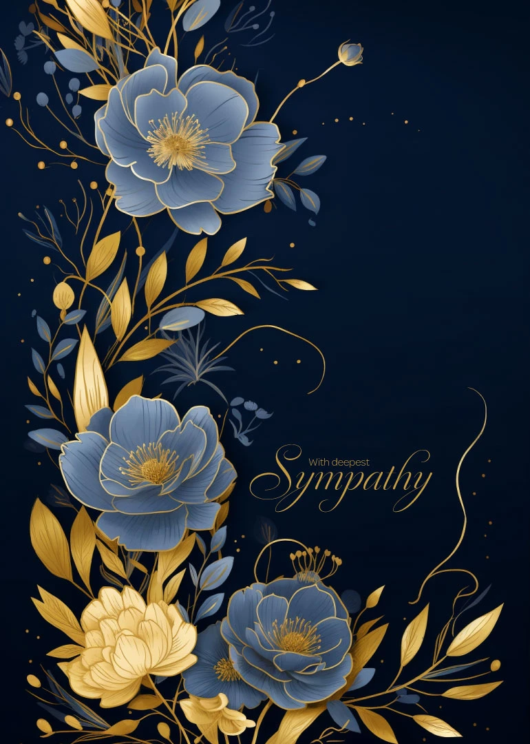 Navy floral sympathy card with blue blossoms, gold leaves, and elegant script.