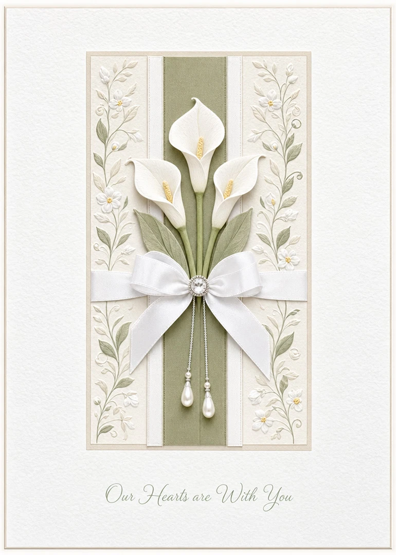 Elegant sympathy card with calla lilies, ribbon, pearls, and Our Hearts are With You.