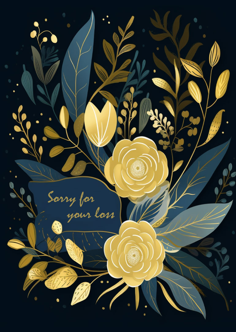 Sympathy card with gold flowers and leaves on dark background with sorry for your loss message