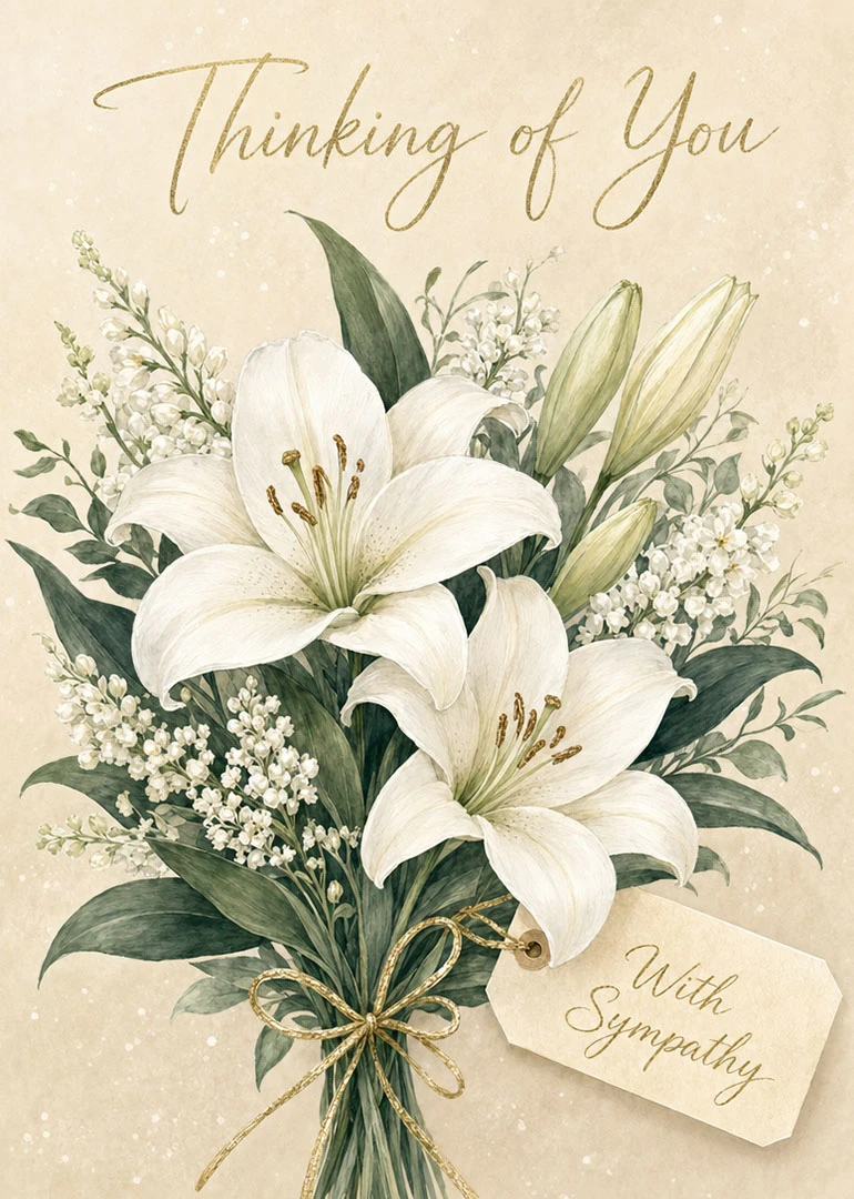White lily bouquet sympathy card with Thinking of You and With Sympathy gold lettering text.