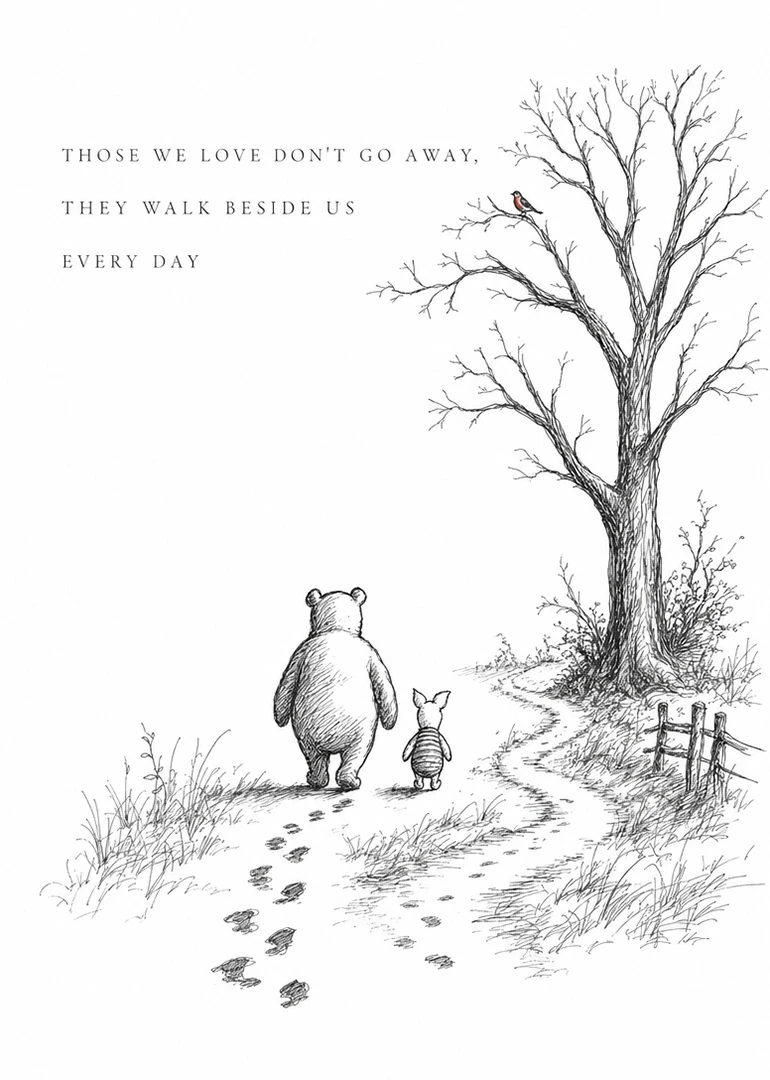 Bear and piglet walk beneath a tree beside comforting memorial quote on white background scene.