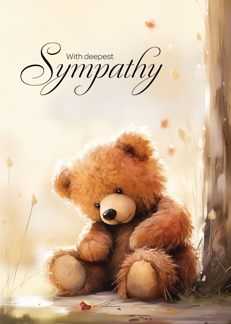 Teddy bear sitting by tree with sympathy message in soft warm colors