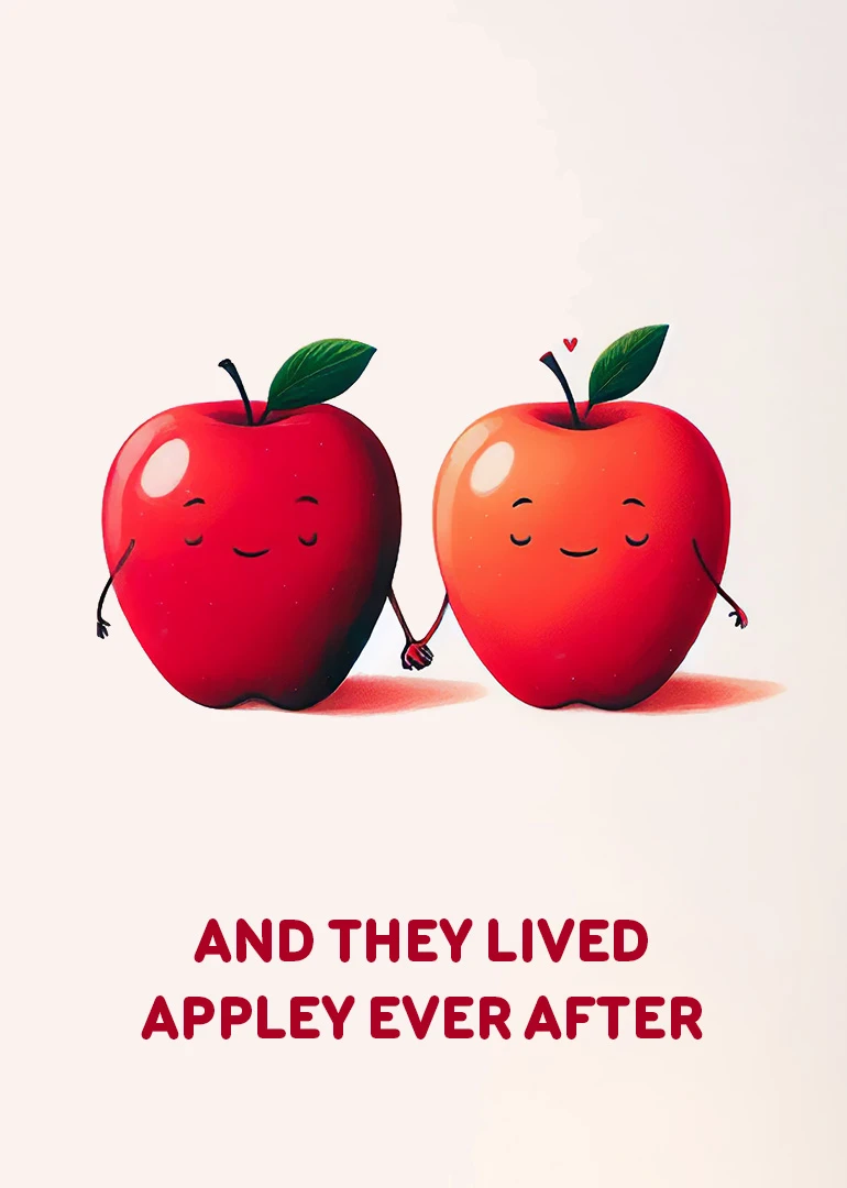 Two smiling apples holding hands above the pun And They Lived Appley Ever After text.