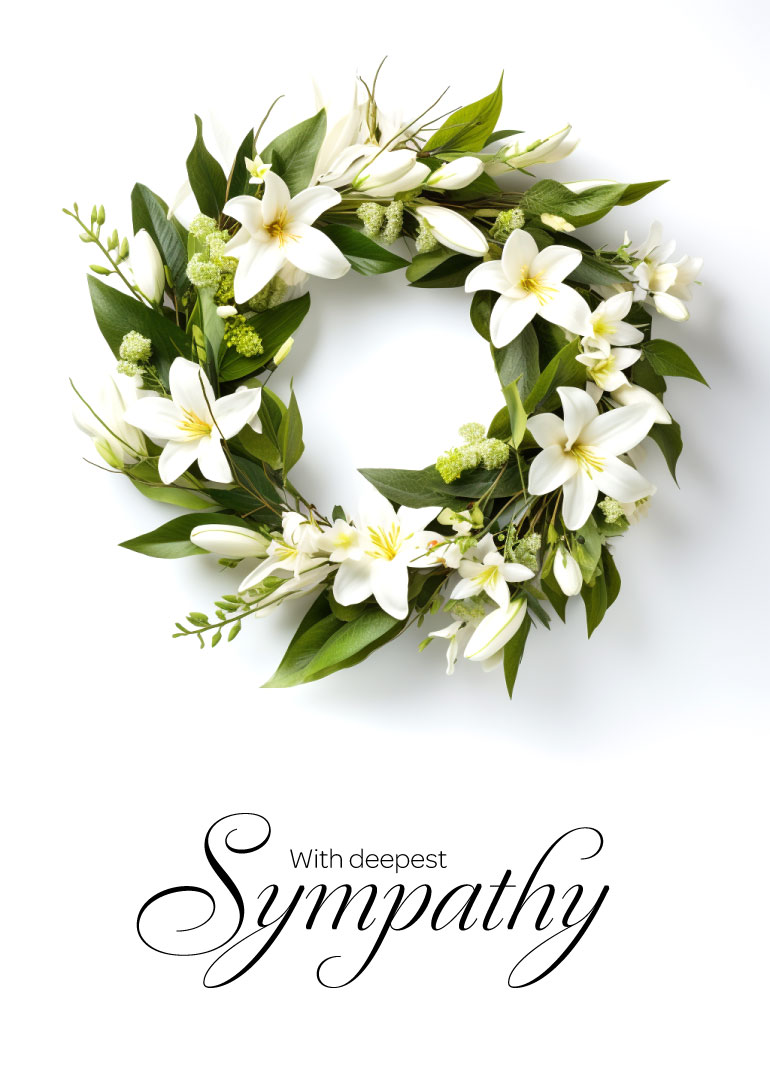 Sympathy card with white floral wreath and 'With deepest Sympathy' text
