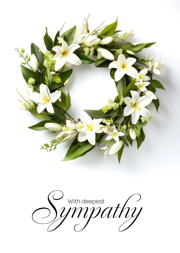 White lily wreath card with the words With deepest Sympathy on a clean white background.