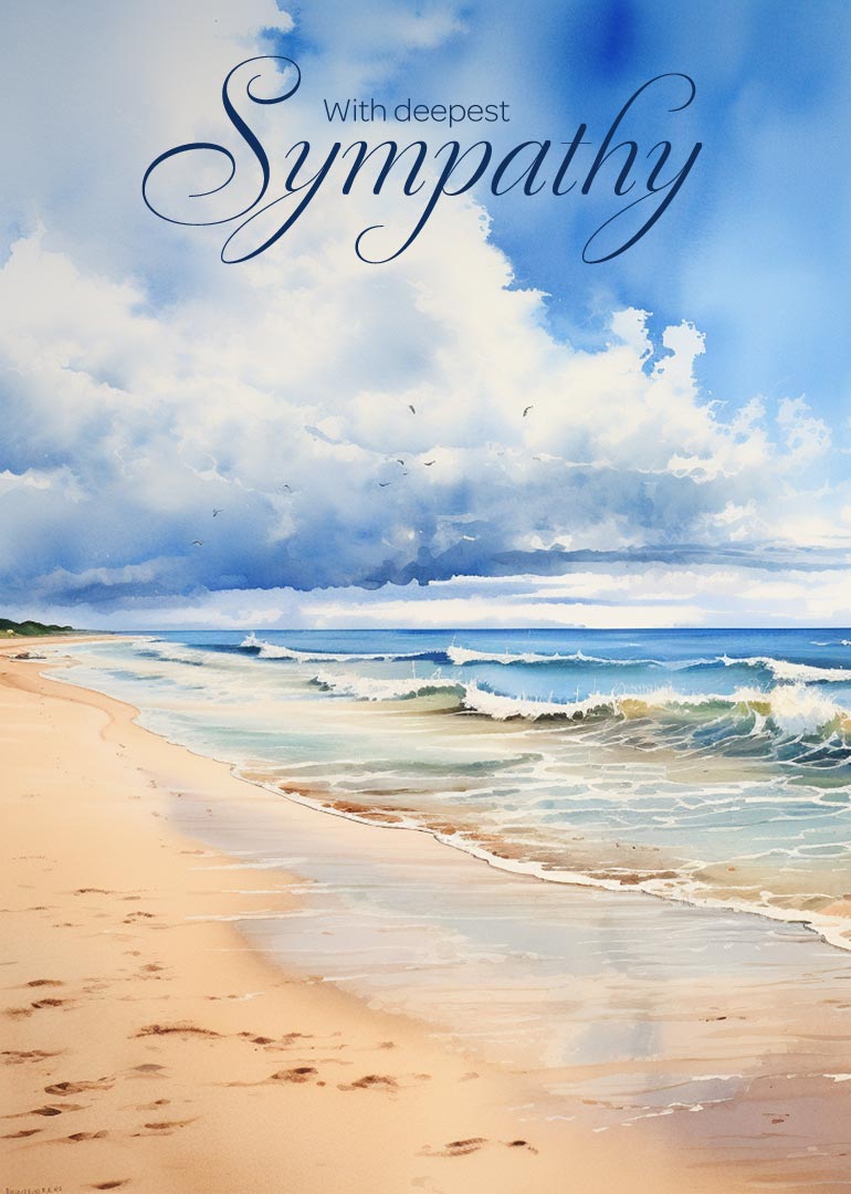 Peaceful beach with waves and clouds expressing deepest sympathy message