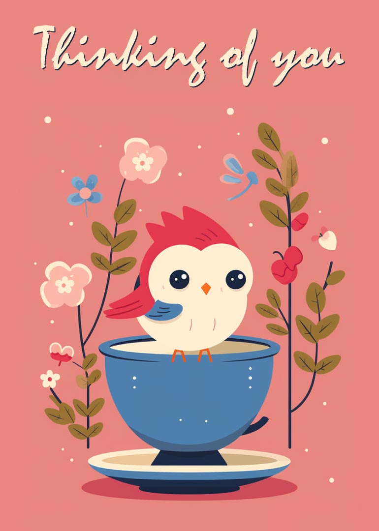 Cute bird in blue teacup with flowers on pink background thinking of you