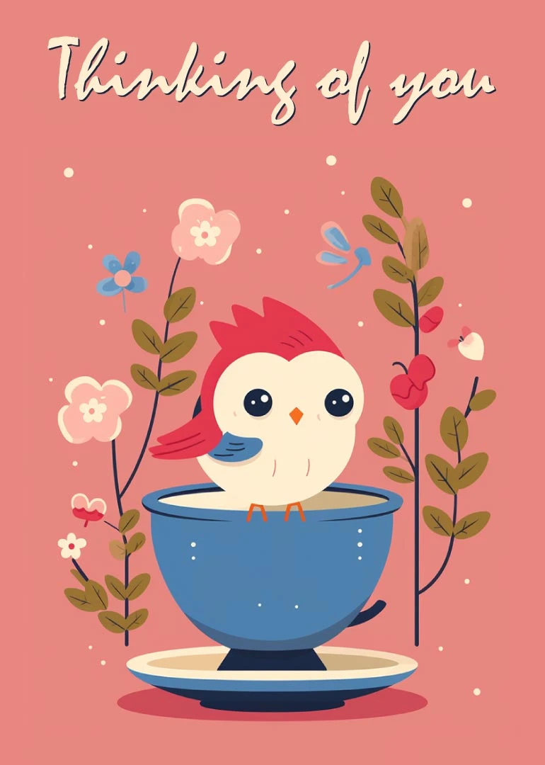 Cute bird in blue teacup with flowers and Thinking of You text on pink background.