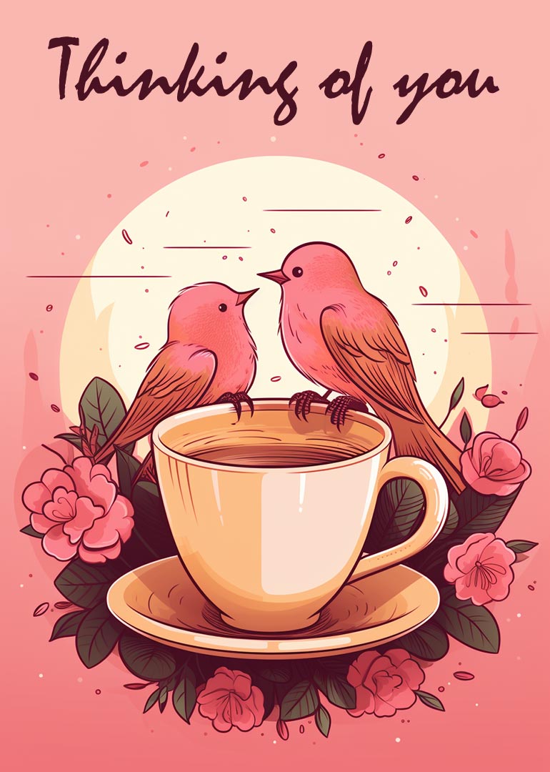 Two pink birds perched on a tea cup surrounded by pink flowers and leaves