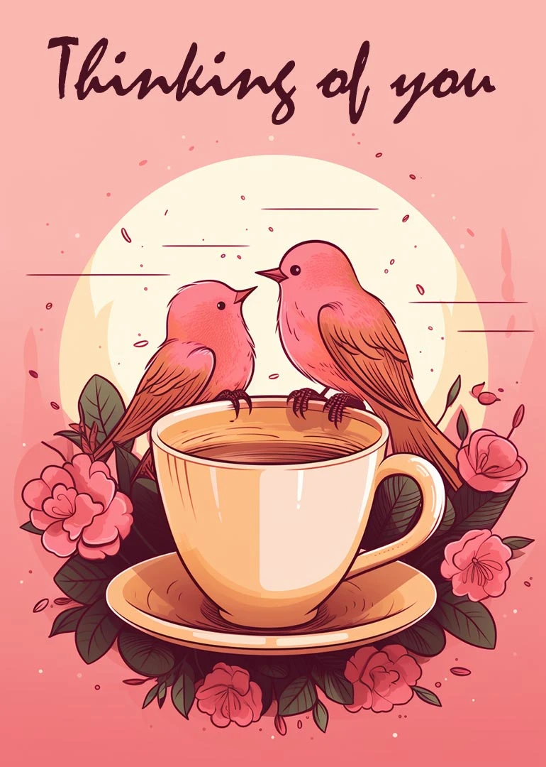 Two pink birds perch on a teacup surrounded by flowers with Thinking of You text.