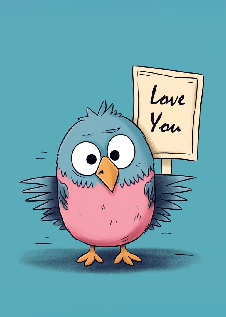 Cartoon bird holding a love you sign on blue background