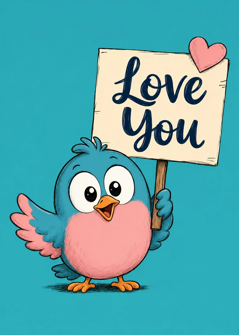 Cute blue bird holding a Love You sign with pink heart on turquoise background card.