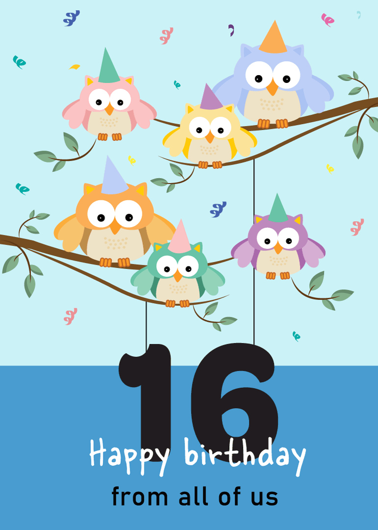 Six colorful owls with party hats on branches celebrating 16th birthday