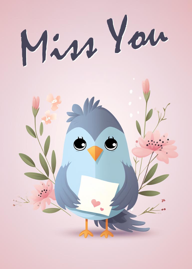 Blue bird holding love note with pink flowers and miss you text